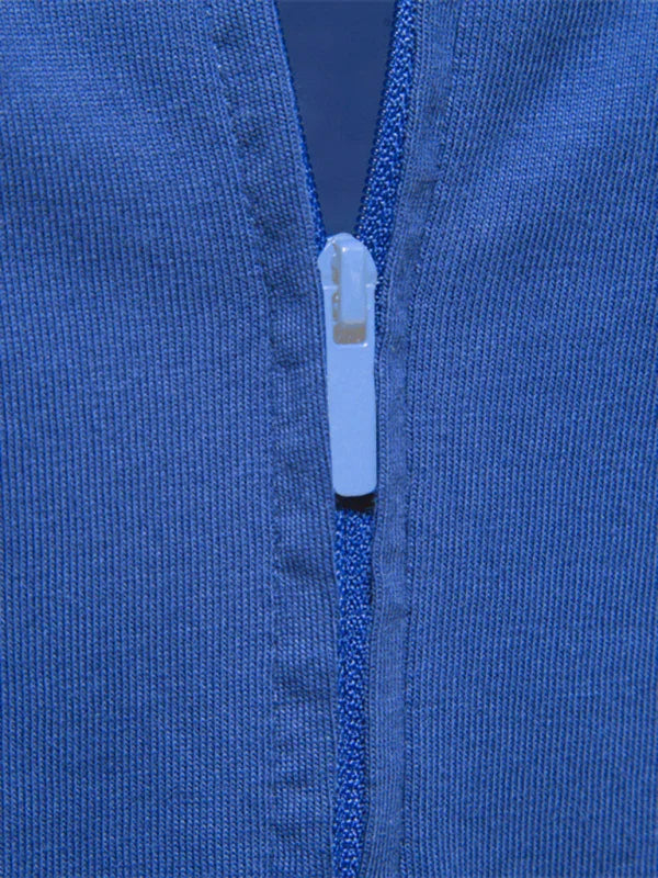 Men Blue V Neck Zipper Tshirt-Men T-Shirt-LeStyleParfait