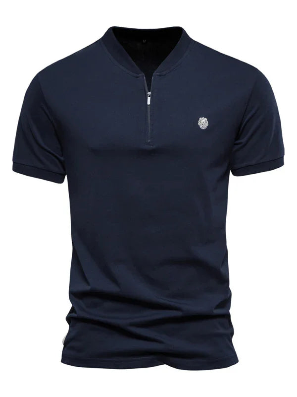 Men Blue V Neck Zipper Tshirt-Men T-Shirt-LeStyleParfait