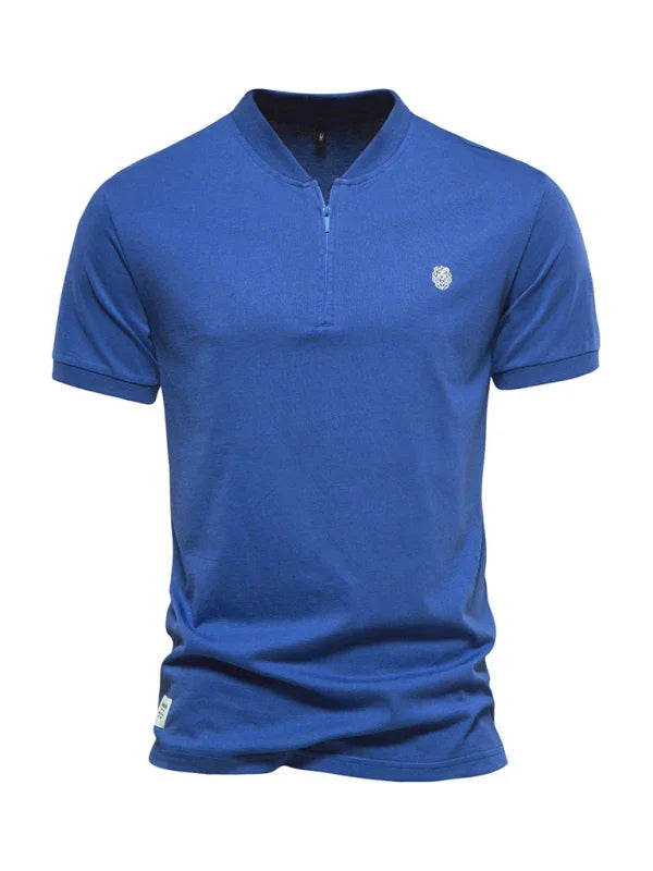 Men Blue V Neck Zipper Tshirt-Men T-Shirt-LeStyleParfait