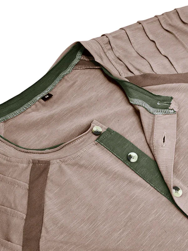 Men Brown Henley Long Sleeve Tshirt-Men T-Shirt-LeStyleParfait