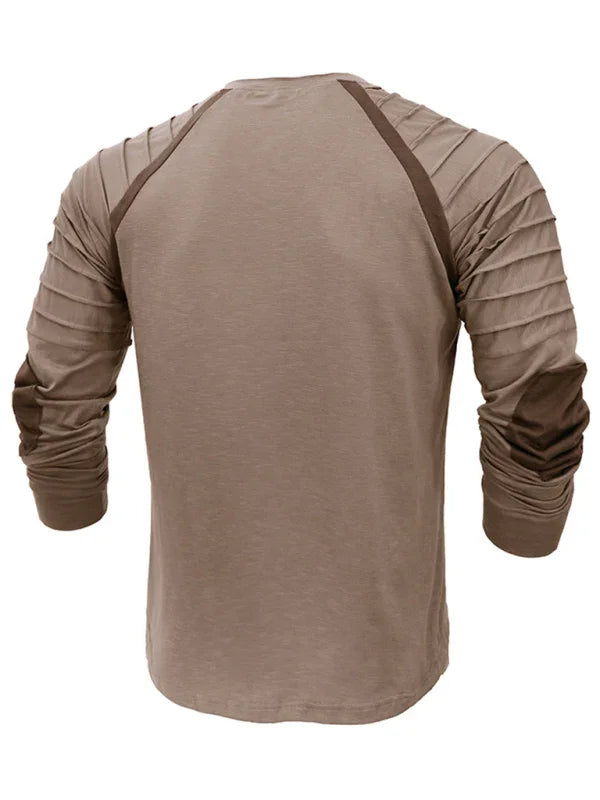 Men Brown Henley Long Sleeve Tshirt-Men T-Shirt-LeStyleParfait