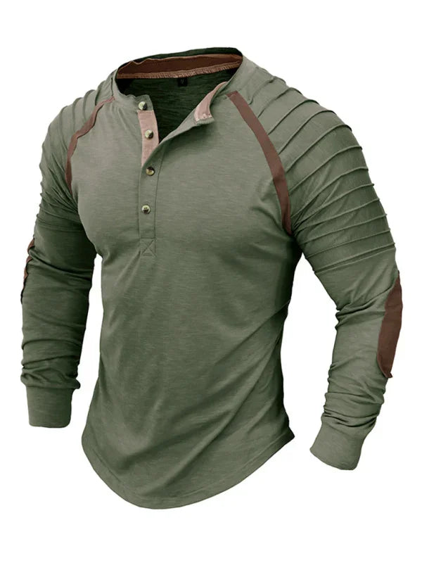 Men Brown Henley Long Sleeve Tshirt-Men T-Shirt-LeStyleParfait