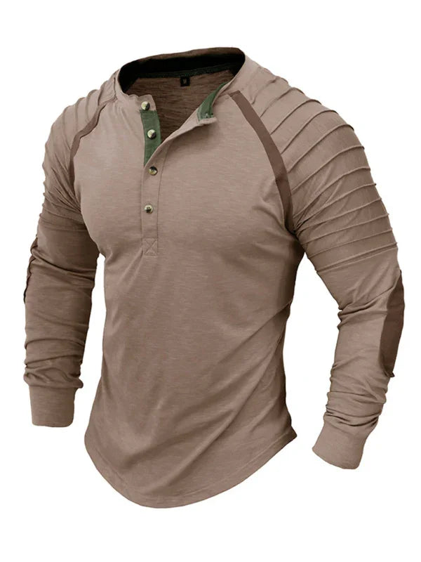 Men Brown Henley Long Sleeve Tshirt-Men T-Shirt-LeStyleParfait