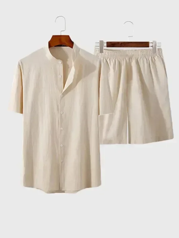 Men Casual Button-Down Summer Shorts Set - Solid Casual Shorts Two-Piece Set - LeStyleParfait