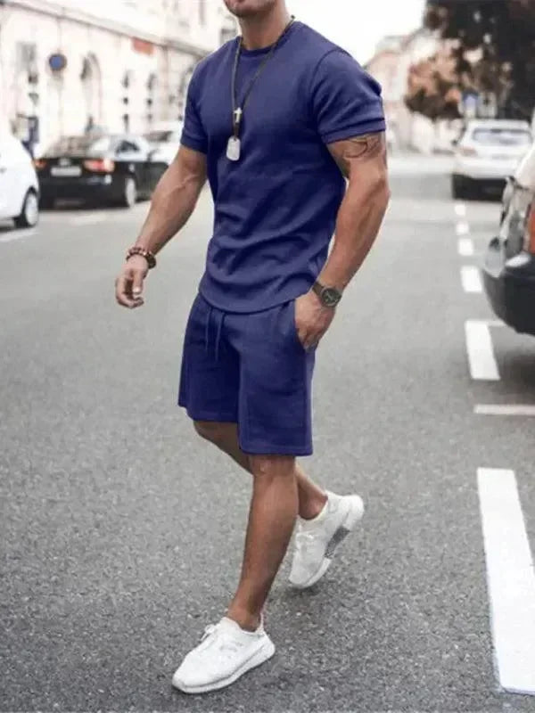 Men Casual Olive Crewneck Cotton Shorts Set - Solid Shorts Two-Piece Set - LeStyleParfait