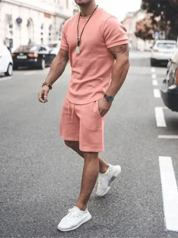 Men Casual Olive Crewneck Cotton Shorts Set - Solid Shorts Two-Piece Set - LeStyleParfait