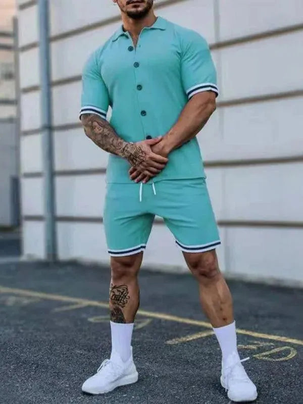 Men Minimalist Contrast Casual Shorts Set - Solid Tailored Shorts Two-Piece Set - LeStyleParfait