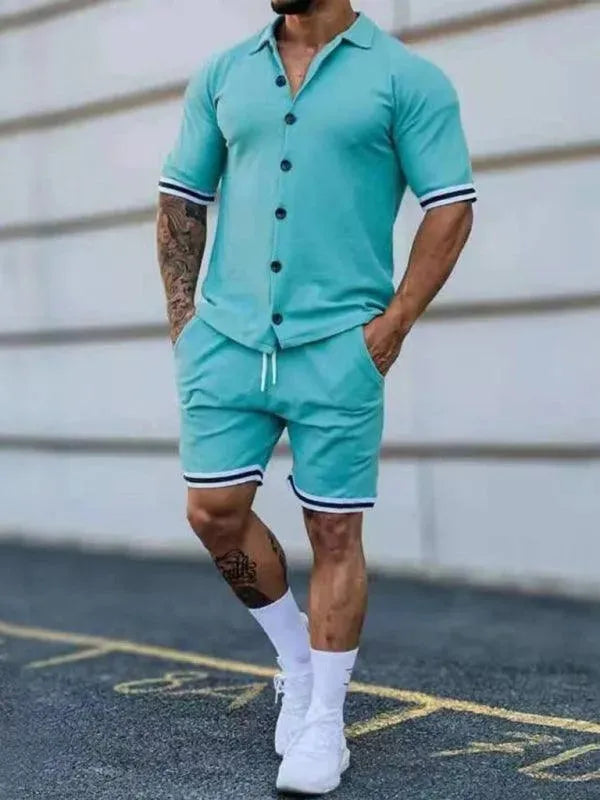 Men Minimalist Contrast Casual Shorts Set - Solid Tailored Shorts Two-Piece Set - LeStyleParfait