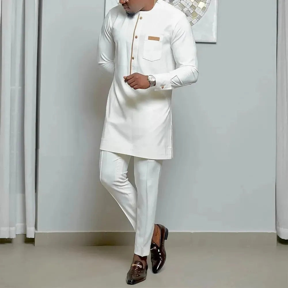 Men Polished Solid Cotton Pants Outfit Set - Solid Pants Two-Piece Set - LeStyleParfait