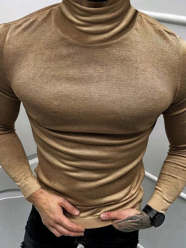 Men Red Turtleneck Long Sleeve Tshirt-Men T-Shirt-LeStyleParfait