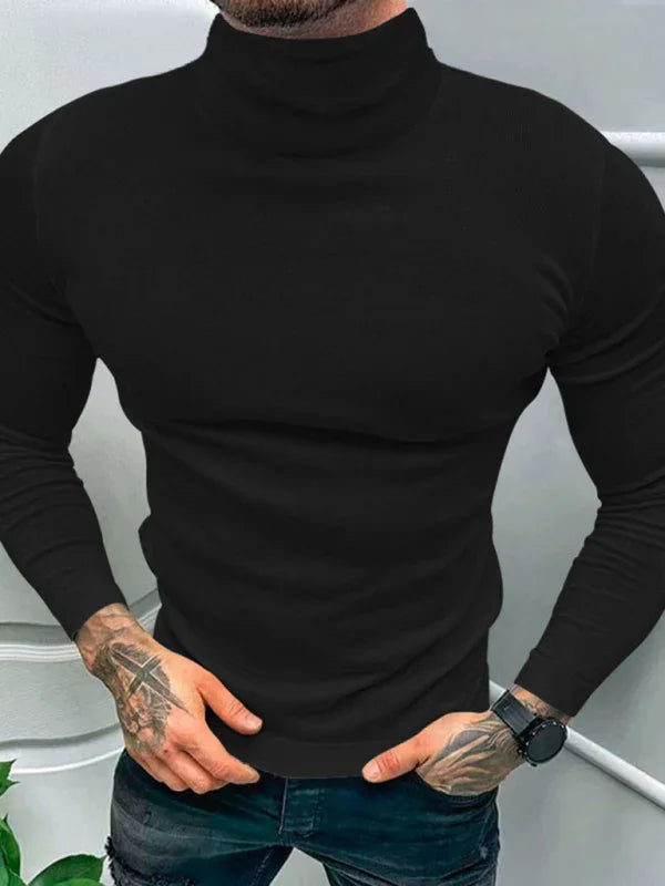 Men Red Turtleneck Long Sleeve Tshirt-Men T-Shirt-LeStyleParfait