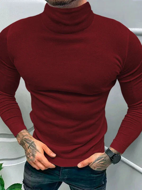 Men Red Turtleneck Long Sleeve Tshirt-Men T-Shirt-LeStyleParfait
