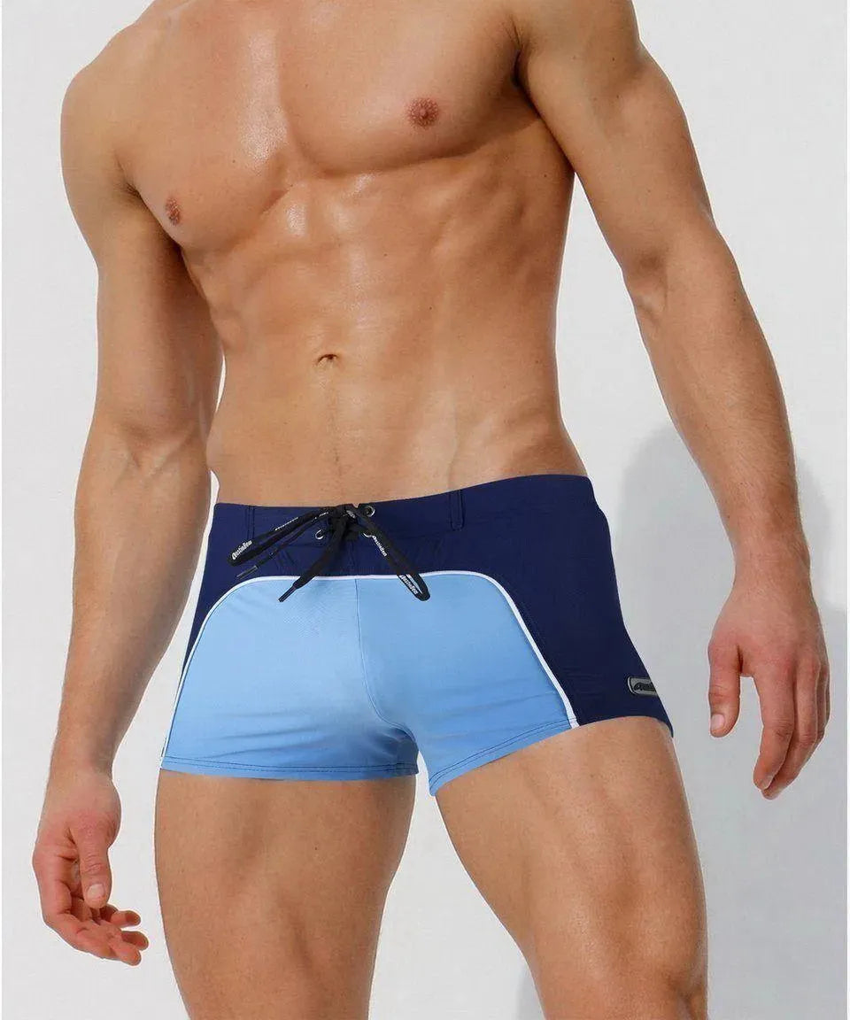 Men Red White Colorblock Swim Shorts