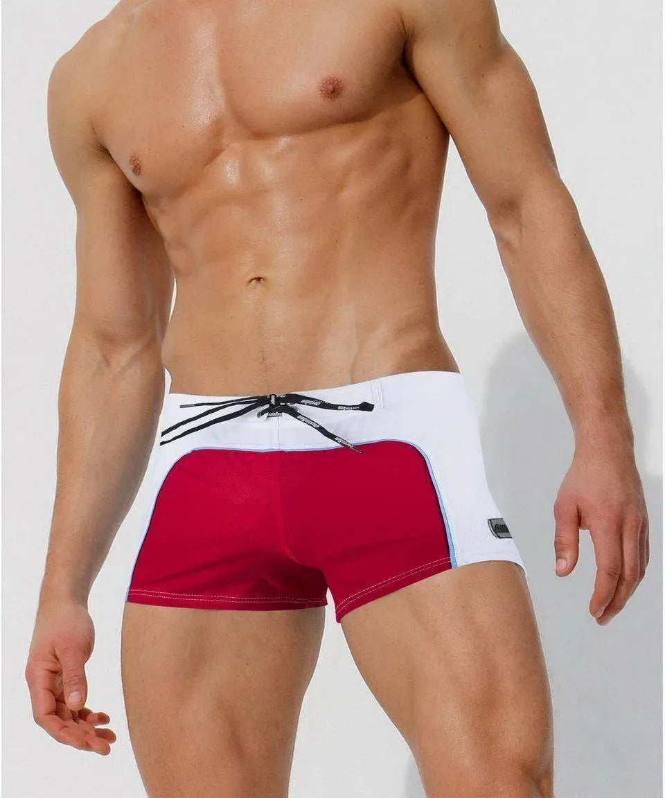 Men Red White Colorblock Swim Shorts