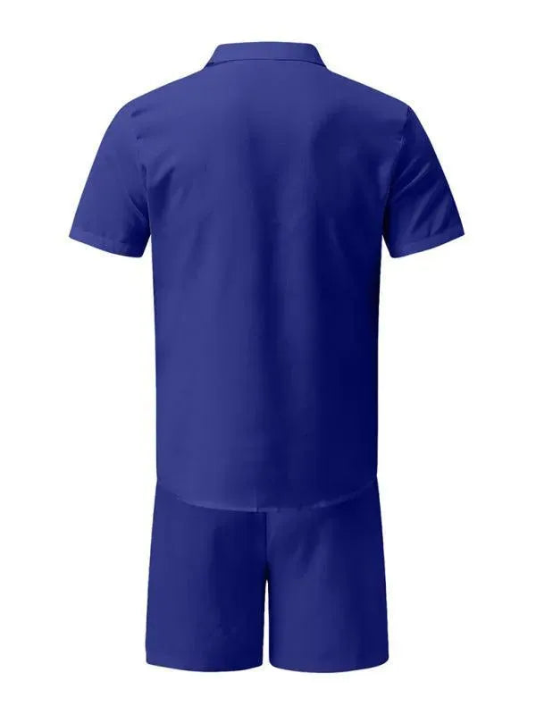 Men Relaxed Casual Linen Shorts Set - Solid Casual Shorts Two-Piece Set - LeStyleParfait