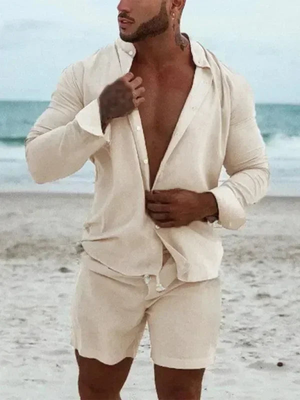 Men Relaxed Casual Linen Shorts Set - Solid Shorts Two-Piece Set - LeStyleParfait