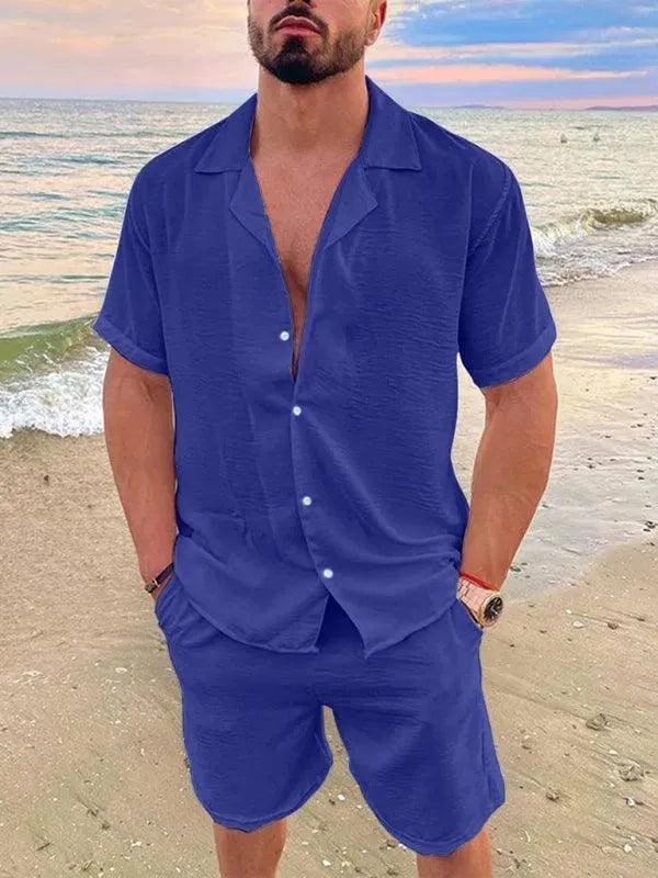 Men Relaxed Casual Linen Shorts Set - Solid Casual Shorts Two-Piece Set - LeStyleParfait
