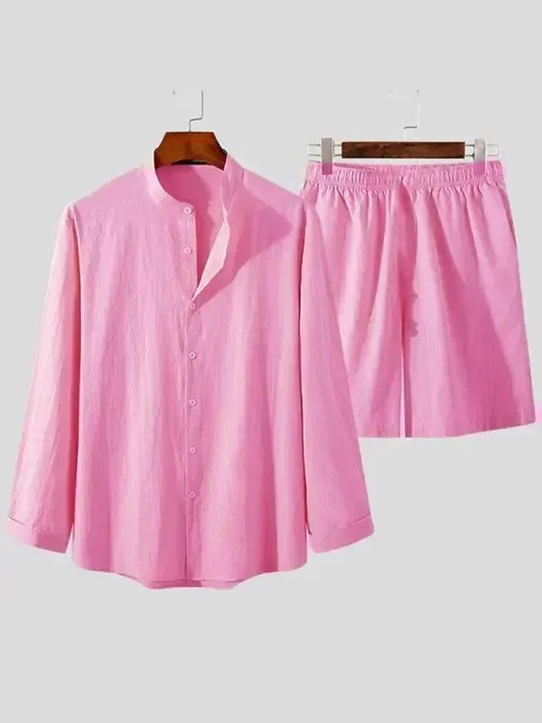 Men Relaxed Casual Linen Shorts Set - Solid Shorts Two-Piece Set - LeStyleParfait
