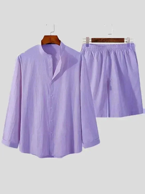 Men Relaxed Casual Linen Shorts Set - Solid Shorts Two-Piece Set - LeStyleParfait