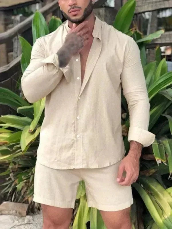 Men Relaxed Casual Linen Shorts Set - Solid Shorts Two-Piece Set - LeStyleParfait