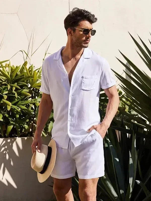Men Relaxed Casual Olive Shorts Set - Solid Casual Shorts Two-Piece Set - LeStyleParfait