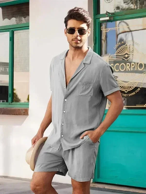 Men Relaxed Casual Olive Shorts Set - Solid Casual Shorts Two-Piece Set - LeStyleParfait
