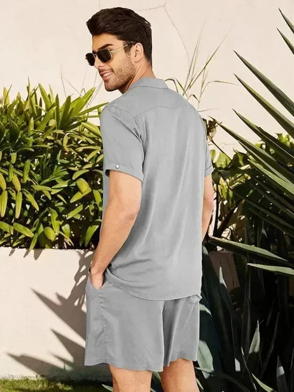Men Relaxed Casual Olive Shorts Set - Solid Casual Shorts Two-Piece Set - LeStyleParfait