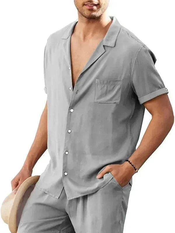 Men Relaxed Casual Olive Shorts Set - Solid Casual Shorts Two-Piece Set - LeStyleParfait