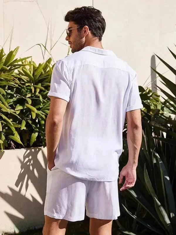 Men Relaxed Casual Olive Shorts Set - Solid Casual Shorts Two-Piece Set - LeStyleParfait