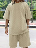 Men Shorts Set Two-Piece Outfit Checkerboard Round Neck Short Sleeve Relaxed Fit Cotton Summer Casual | LeStyleParfait