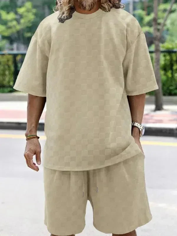 Men Shorts Set Two-Piece Outfit Checkerboard Round Neck Short Sleeve Relaxed Fit Cotton Summer Casual | LeStyleParfait