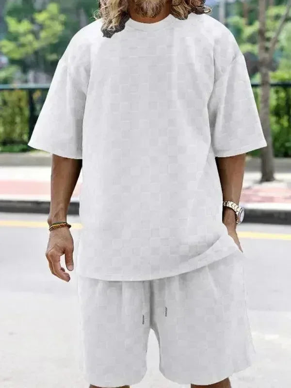 Men Shorts Set Two-Piece Outfit Checkerboard Round Neck Short Sleeve Relaxed Fit Cotton Summer Casual | LeStyleParfait