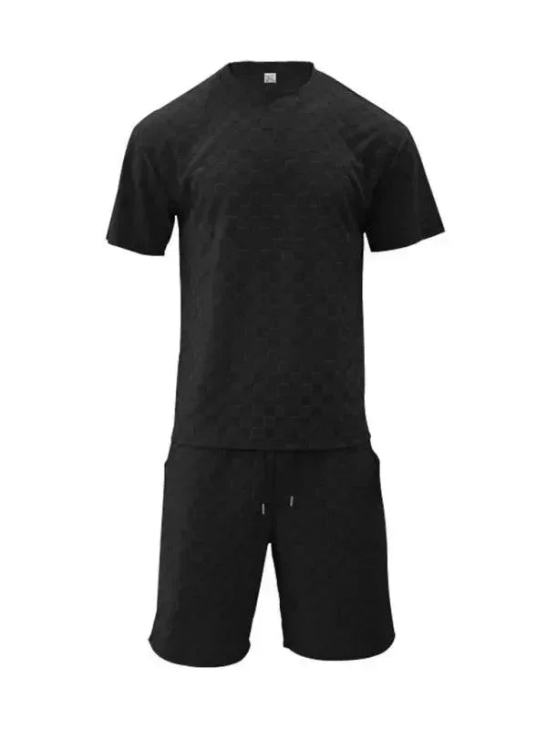 Men Shorts Set Two-Piece Outfit Checkerboard Round Neck Short Sleeve Relaxed Fit Cotton Summer Casual | LeStyleParfait