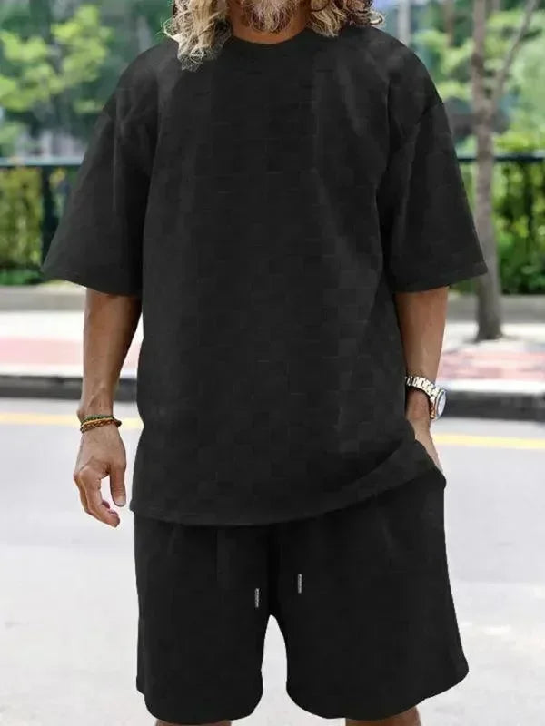 Men Shorts Set Two-Piece Outfit Checkerboard Round Neck Short Sleeve Relaxed Fit Cotton Summer Casual | LeStyleParfait