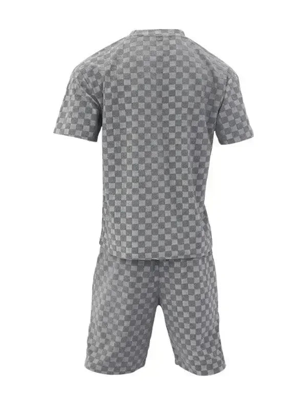 Men Shorts Set Two-Piece Outfit Checkerboard Round Neck Short Sleeve Relaxed Fit Cotton Summer Casual | LeStyleParfait