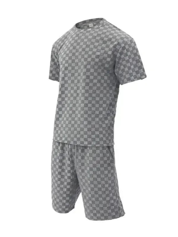 Men Shorts Set Two-Piece Outfit Checkerboard Round Neck Short Sleeve Relaxed Fit Cotton Summer Casual | LeStyleParfait