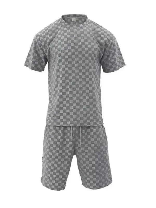 Men Shorts Set Two-Piece Outfit Checkerboard Round Neck Short Sleeve Relaxed Fit Cotton Summer Casual | LeStyleParfait