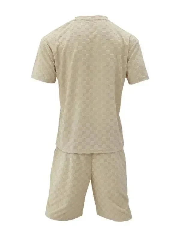 Men Shorts Set Two-Piece Outfit Checkerboard Round Neck Short Sleeve Relaxed Fit Cotton Summer Casual | LeStyleParfait