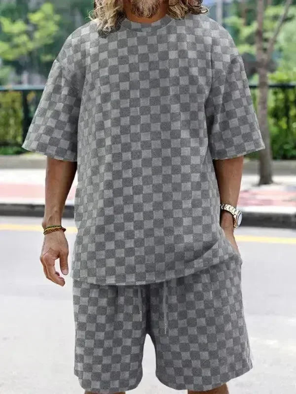 Men Shorts Set Two-Piece Outfit Checkerboard Round Neck Short Sleeve Relaxed Fit Cotton Summer Casual | LeStyleParfait