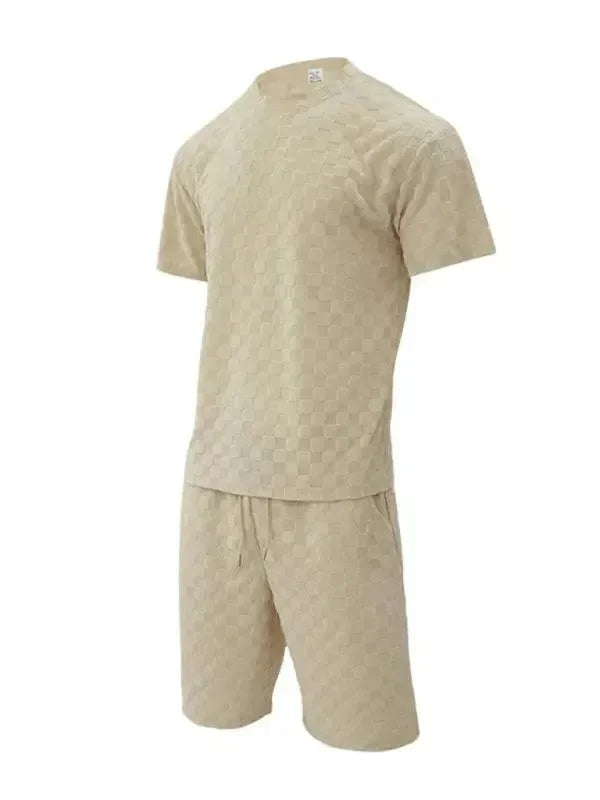 Men Shorts Set Two-Piece Outfit Checkerboard Round Neck Short Sleeve Relaxed Fit Cotton Summer Casual | LeStyleParfait