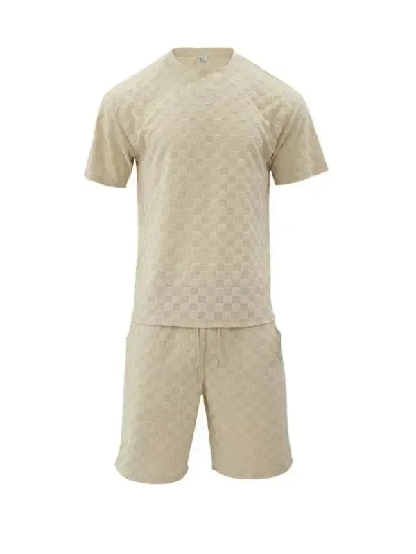 Men Shorts Set Two-Piece Outfit Checkerboard Round Neck Short Sleeve Relaxed Fit Cotton Summer Casual | LeStyleParfait