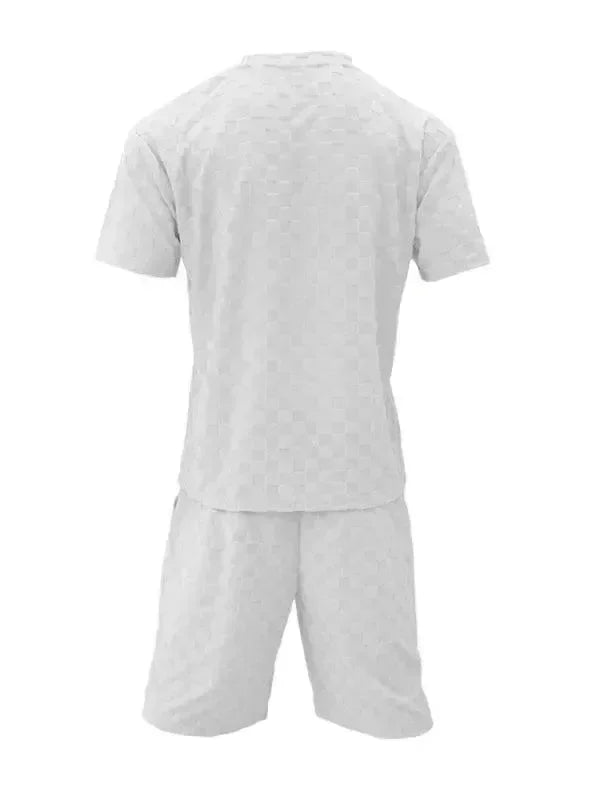 Men Shorts Set Two-Piece Outfit Checkerboard Round Neck Short Sleeve Relaxed Fit Cotton Summer Casual | LeStyleParfait