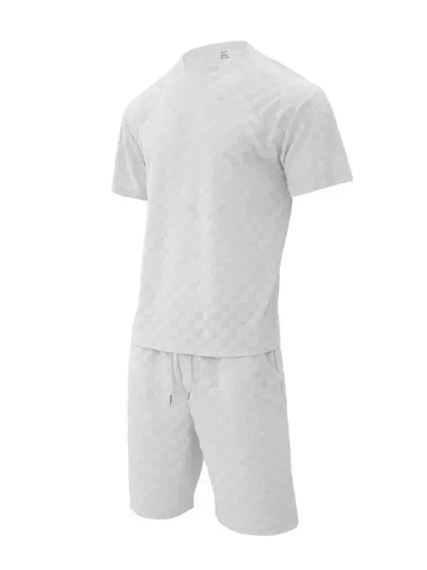 Men Shorts Set Two-Piece Outfit Checkerboard Round Neck Short Sleeve Relaxed Fit Cotton Summer Casual | LeStyleParfait