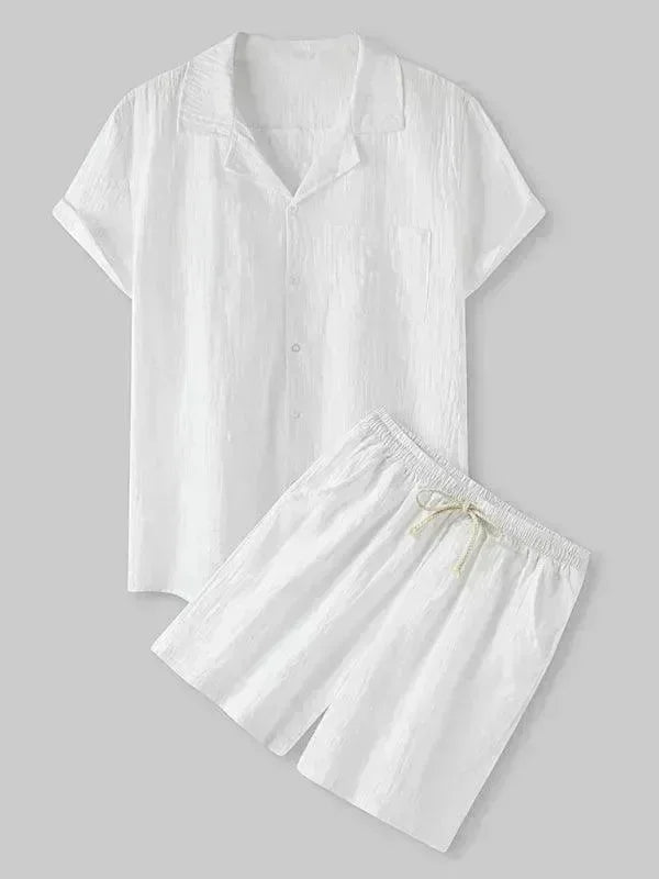 Men Relaxed Classic Linen Shorts Set - Solid Shorts Two-Piece Set - LeStyleParfait