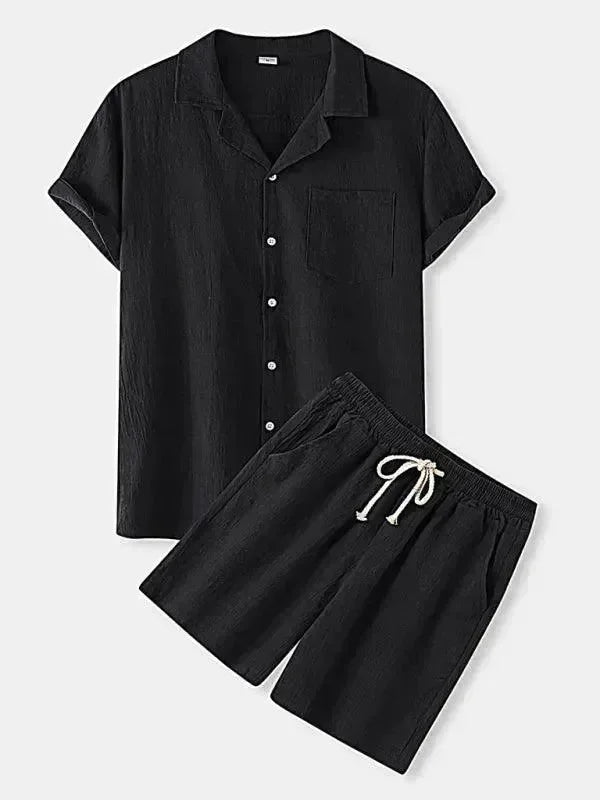 Men Relaxed Classic Linen Shorts Set - Solid Shorts Two-Piece Set - LeStyleParfait