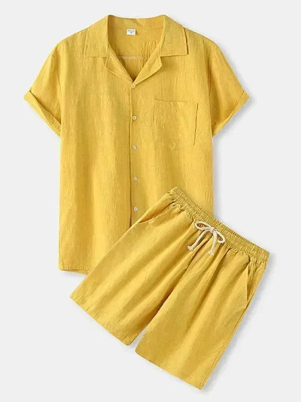 Men Relaxed Classic Linen Shorts Set - Solid Shorts Two-Piece Set - LeStyleParfait