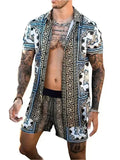 Men Shorts Set Two-Piece Outfit Ethnic Collarless Long Sleeve Relaxed Fit Polyester Summer Beach | LeStyleParfait