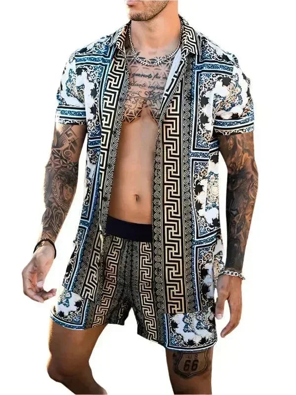 Men Shorts Set Two-Piece Outfit Ethnic Collarless Long Sleeve Relaxed Fit Polyester Summer Beach | LeStyleParfait
