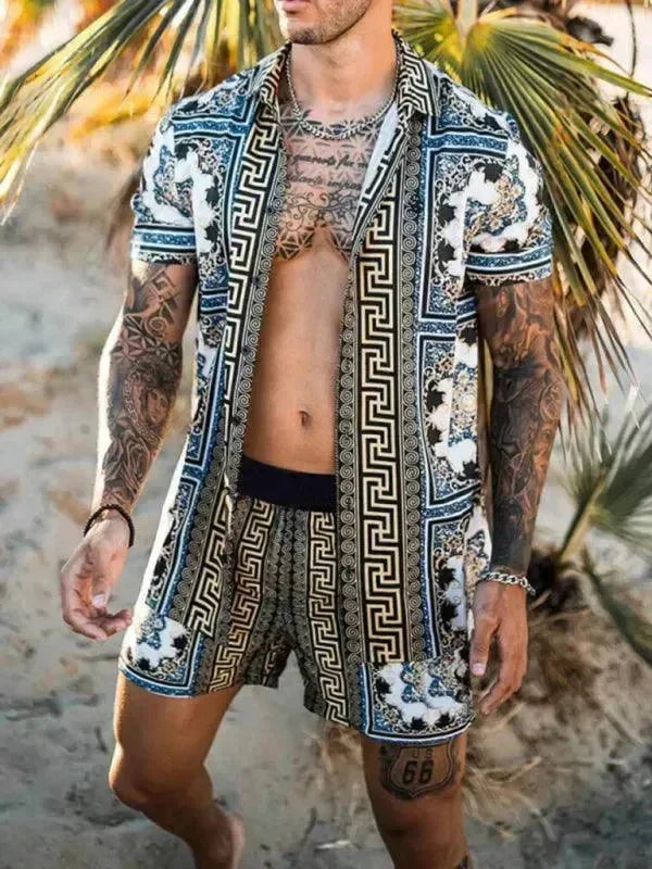 Men Shorts Set Two-Piece Outfit Ethnic Collarless Long Sleeve Relaxed Fit Polyester Summer Beach | LeStyleParfait