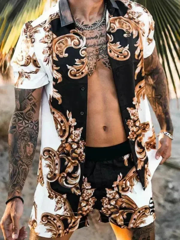 Men Shorts Set Two-Piece Outfit Ethnic Collarless Long Sleeve Relaxed Fit Polyester Summer Beach | LeStyleParfait